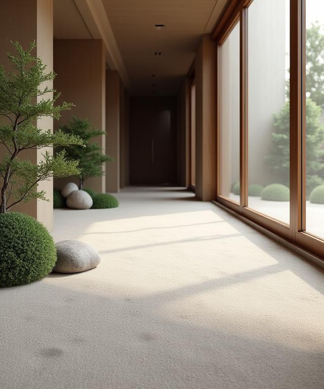 Minimalist zen garden inside the hotel lobby reflecting tranquility
